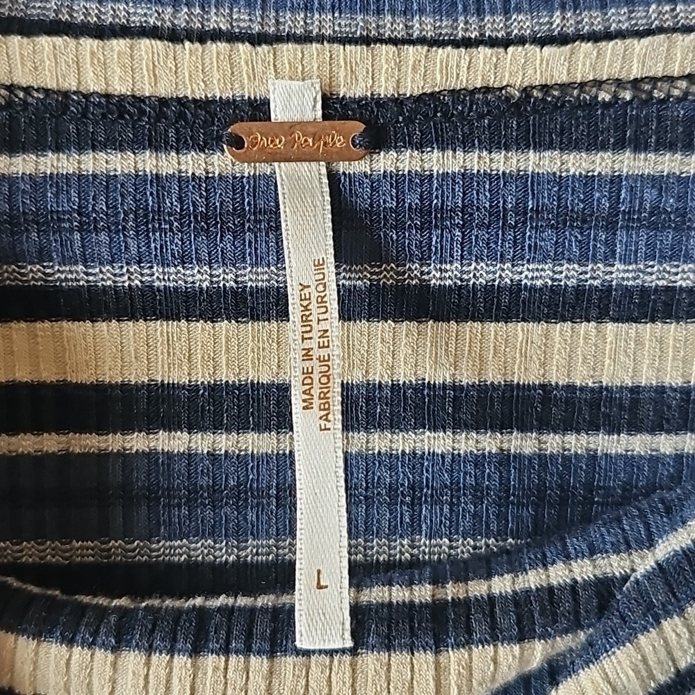 Free people Cape Cod Cowl neck striped blue cream thermal top sz large WT305 - Picture 5 of 10